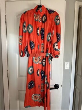 Sunday Up Vintage-Inspired Coral Button-Front Midi Dress with Belt